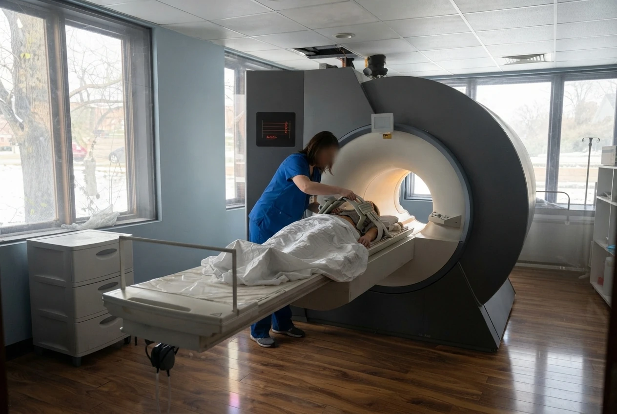 Patient on the MRI table before a scan